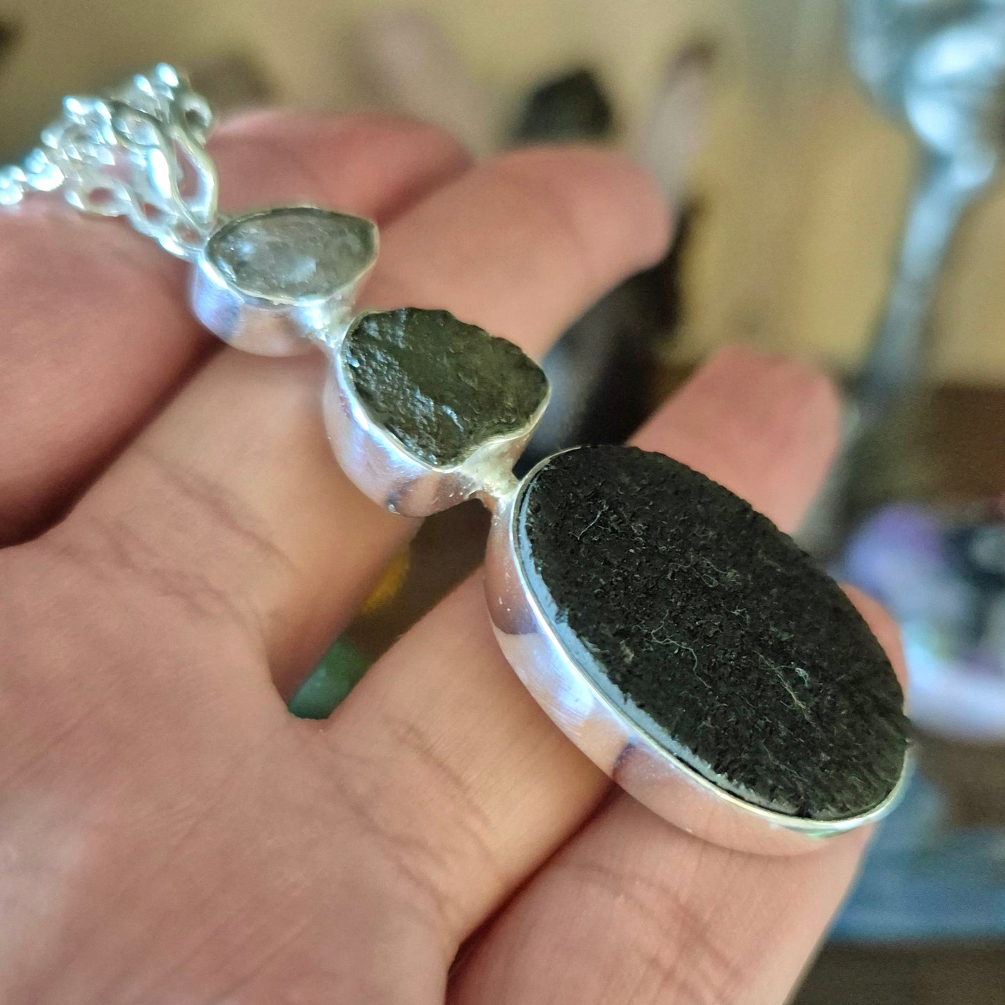 Moldavite, Herkimer Diamond & Black Tourmaline Pendant