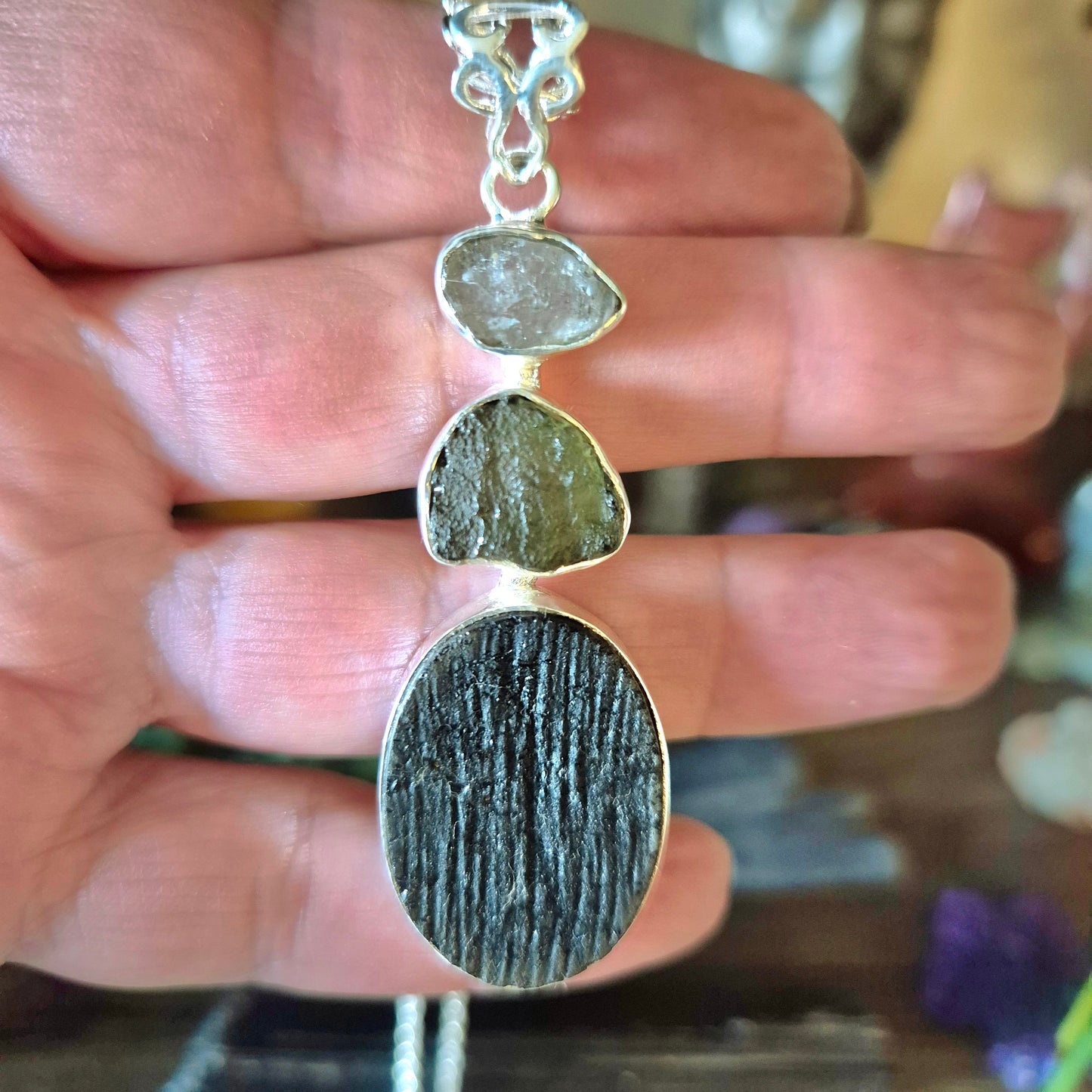Moldavite, Herkimer Diamond & Black Tourmaline Pendant
