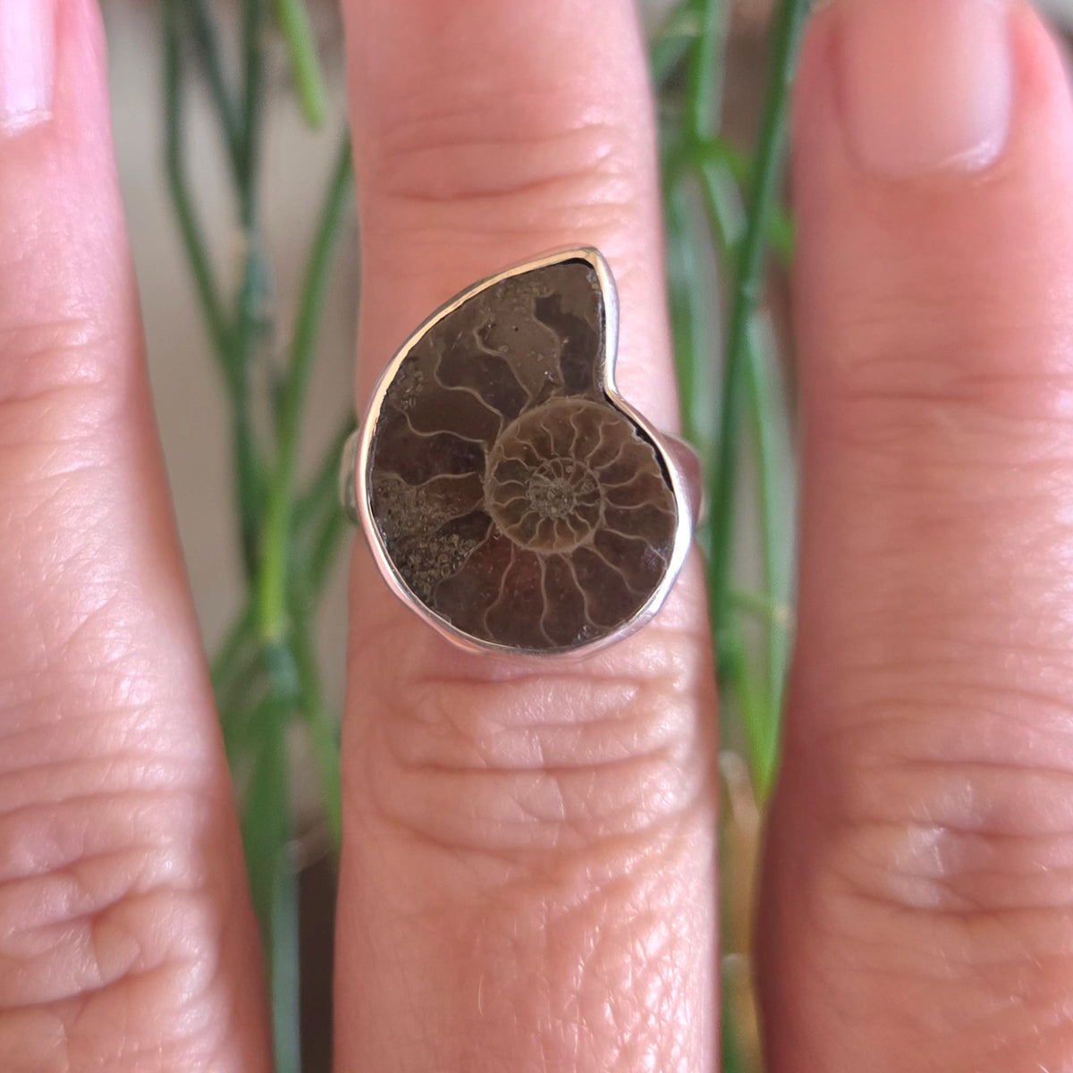 Close-up of a hand wearing a ring with a unique design, set against a natural background.