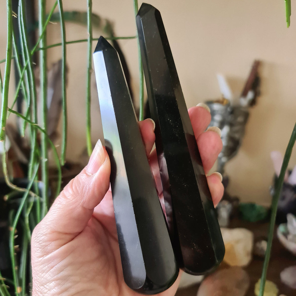 Two black obsidian wands being held, one in each hand, with a blurred green background suggesting they are in a home or garden setting.