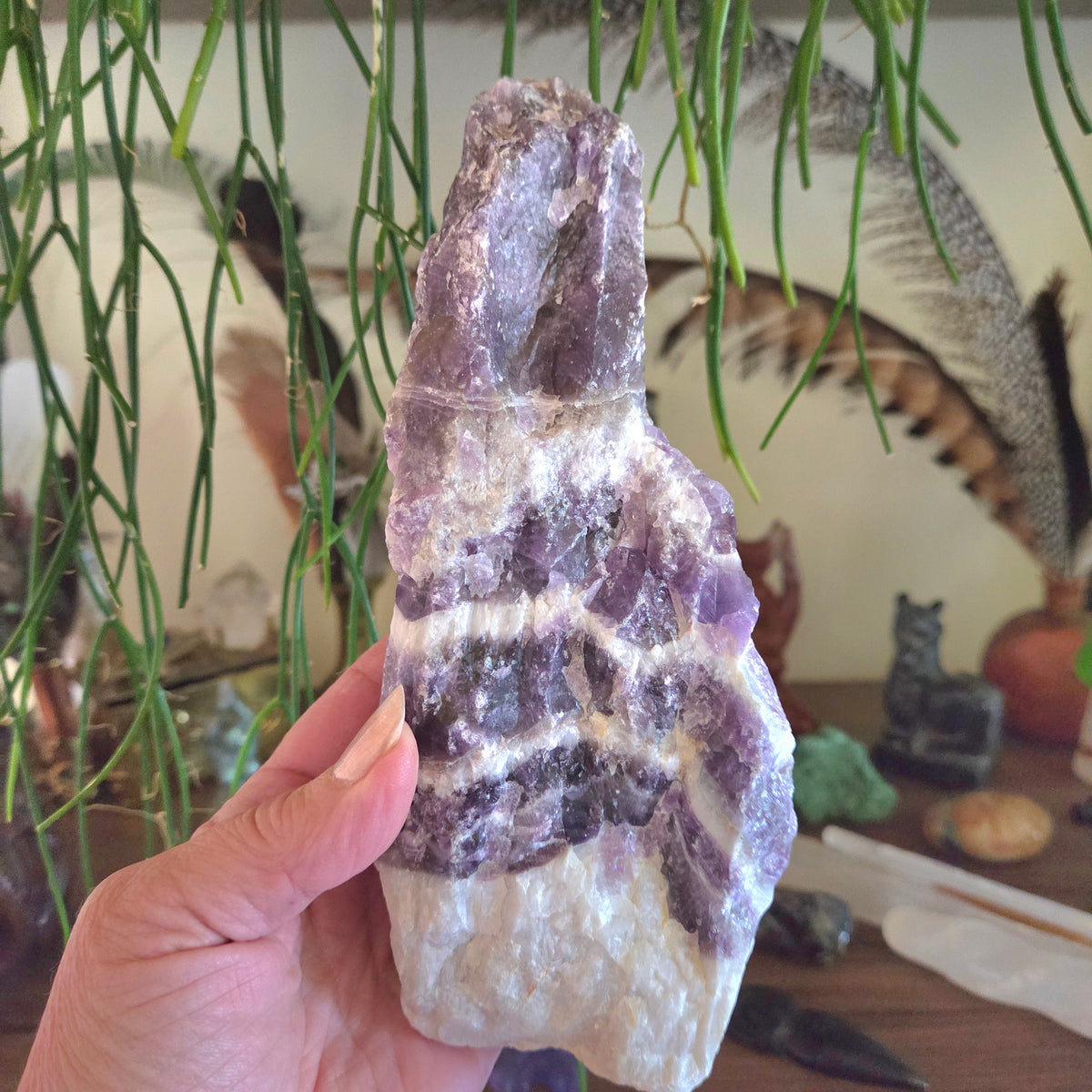 Amethyst crystal held in a hand with a decorative background