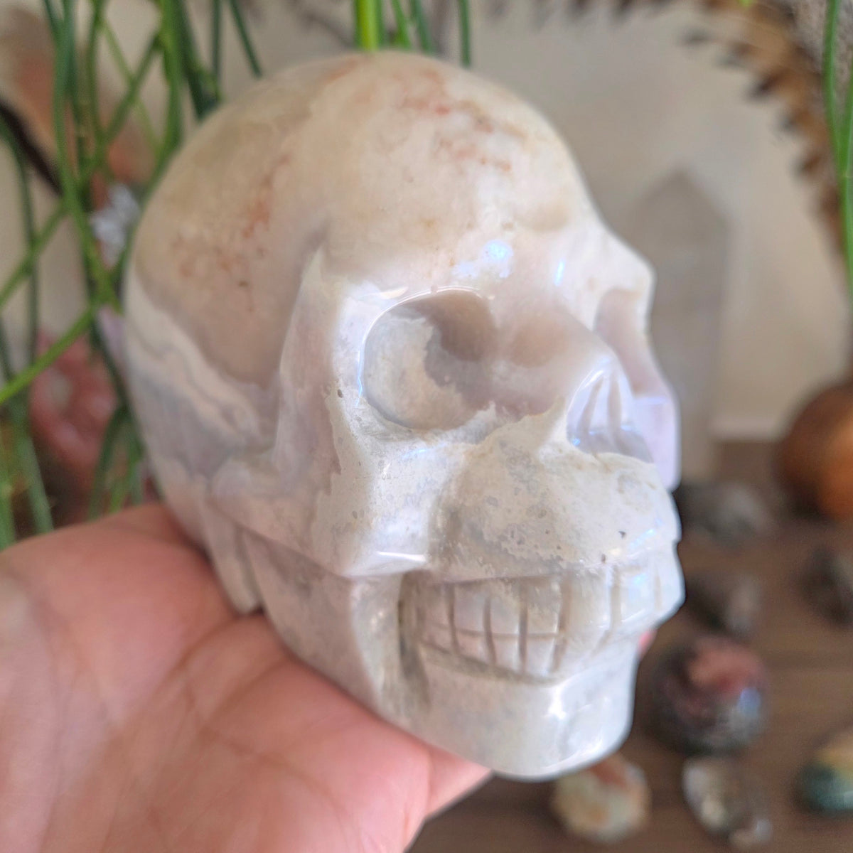 Hand holding a stone skull with natural background