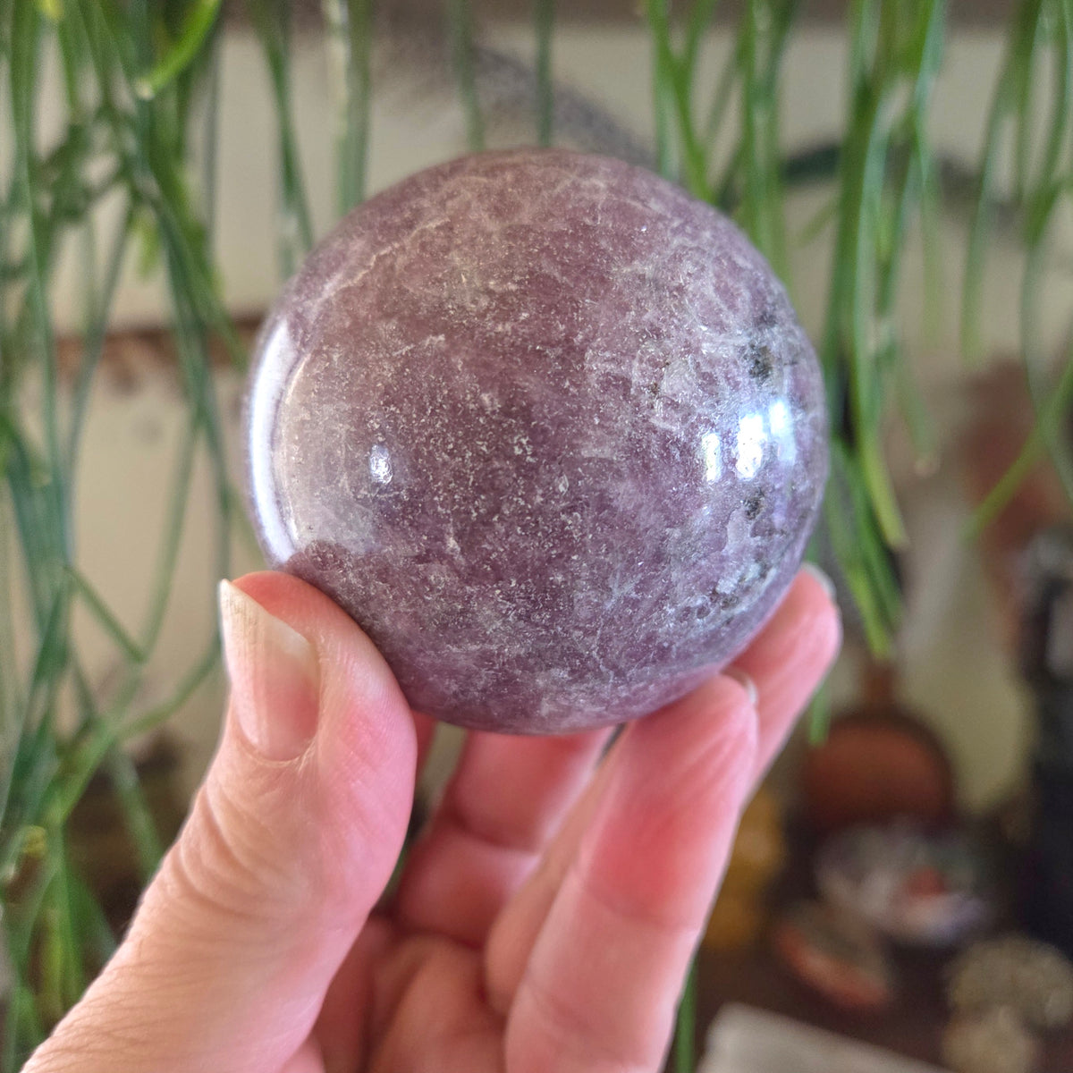 A hand holding a polished lepidolite sphere with a purple and gray marbled pattern.