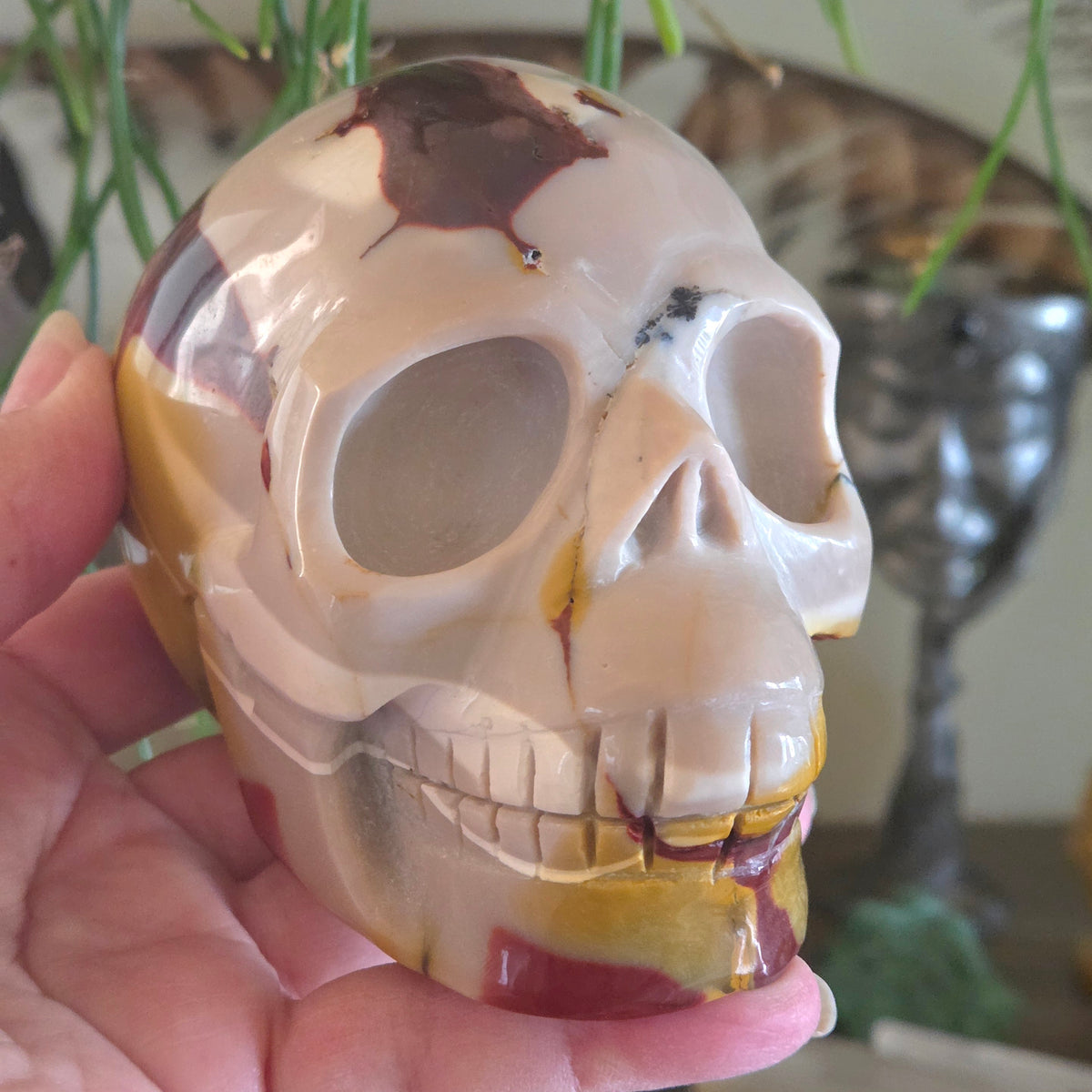 Hand holding a decorative skull with a blurred background