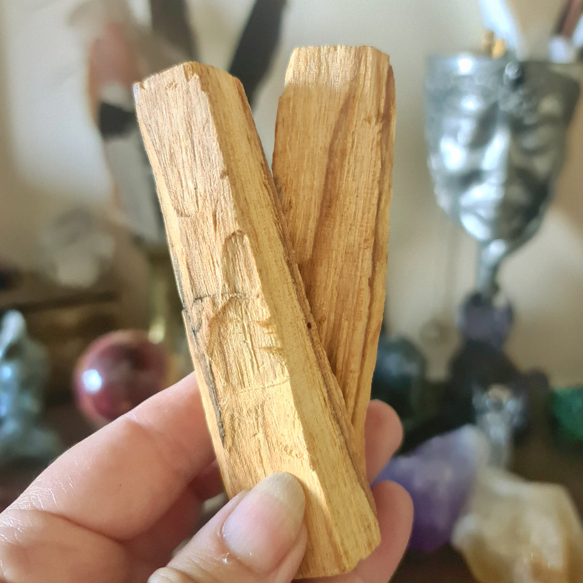 Two pieces of Palo Santo wood held in a person's hand, with a blurred background featuring various items, possibly for rituals or decoration.