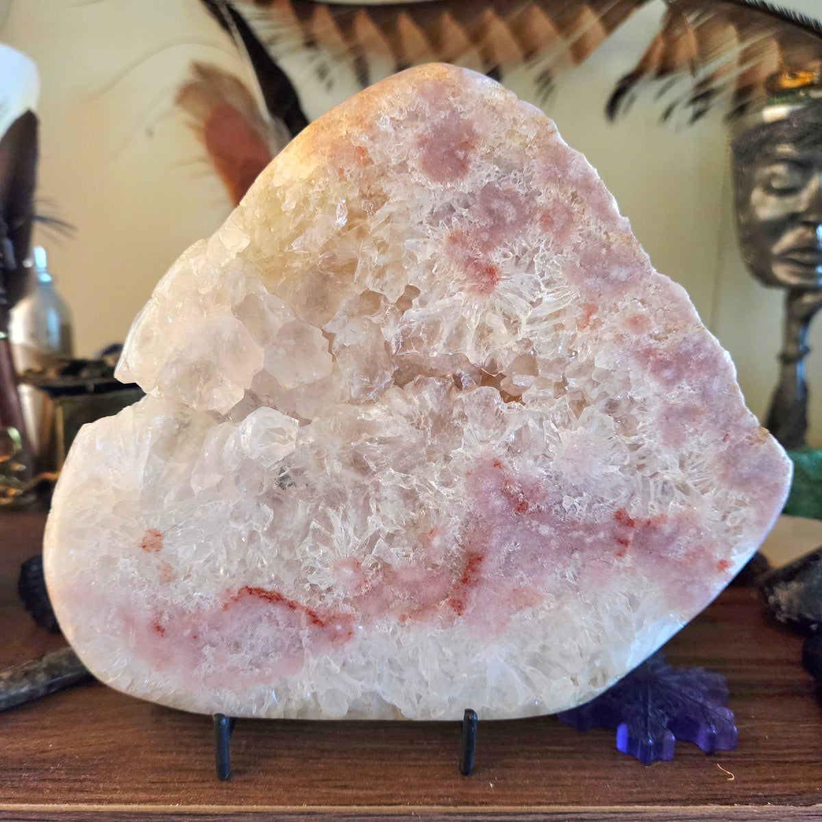 Crystal rock on a stand with a blurred background