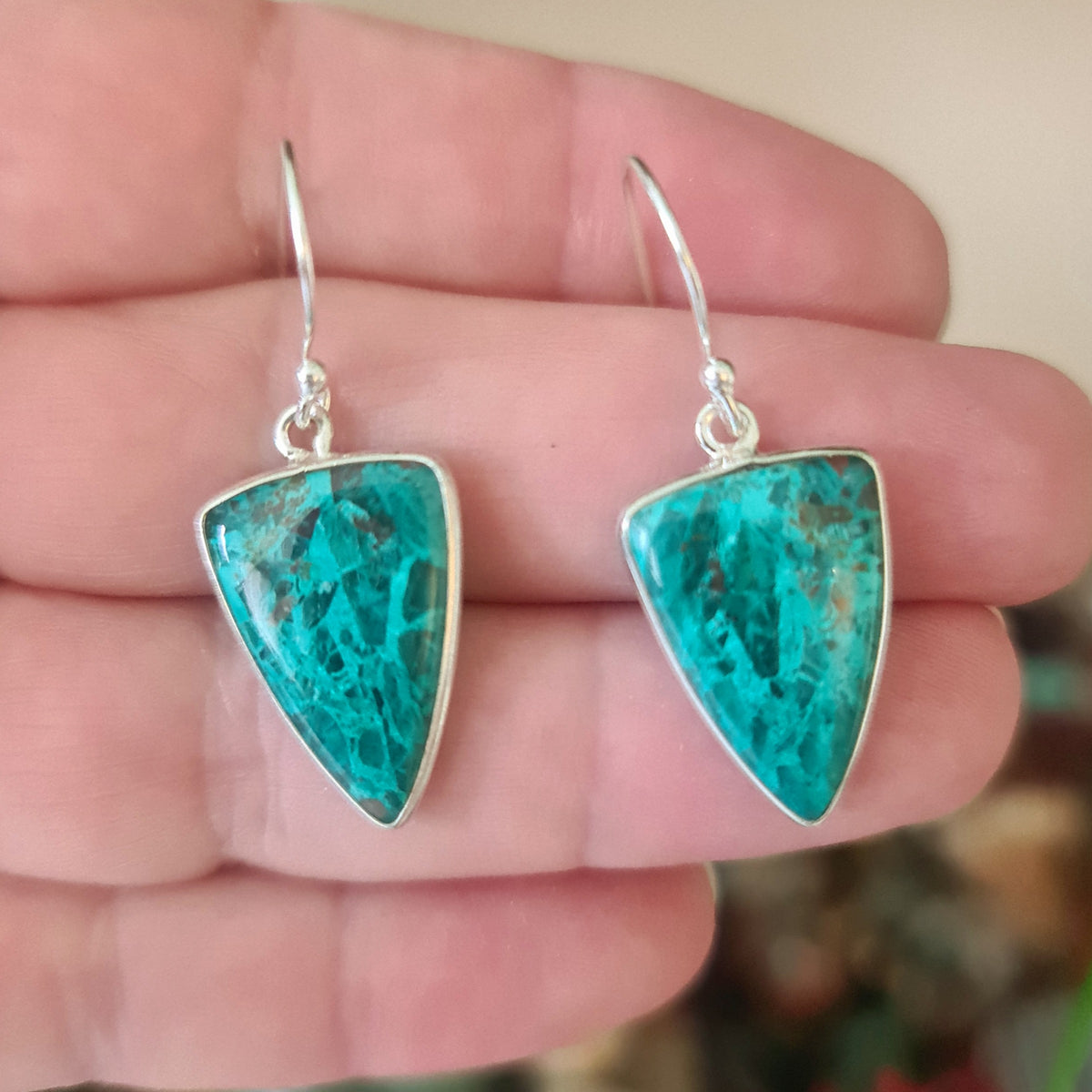blue green crystal earrings set in sterling silver