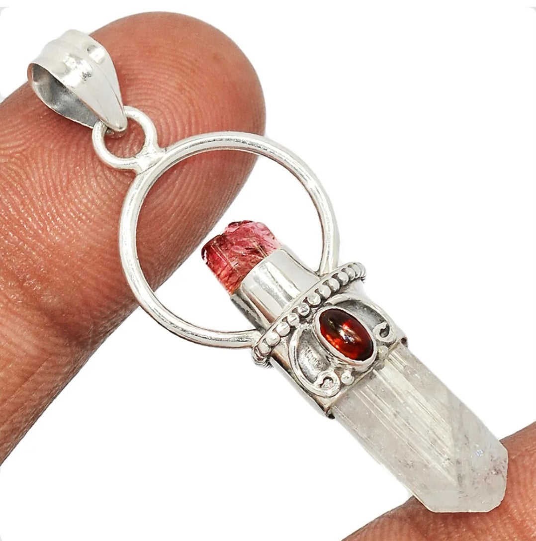 Lemurian Quartz, Garnet & Pink Tourmaline Pendant