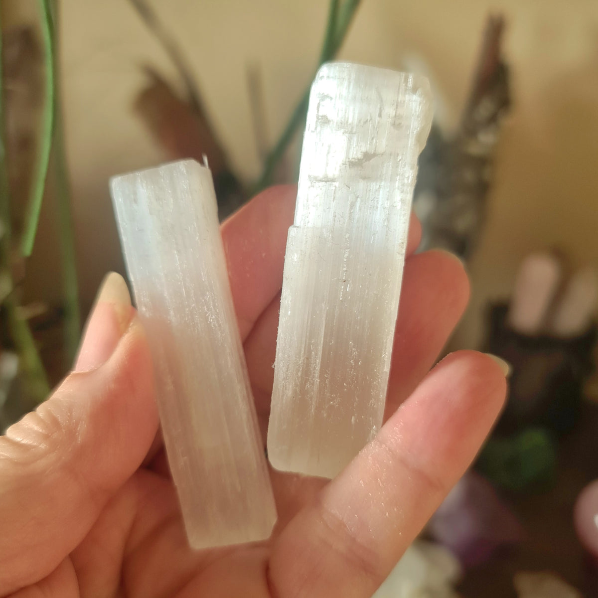 Two small selenite sticks held in a person's hand, with a blurred background.