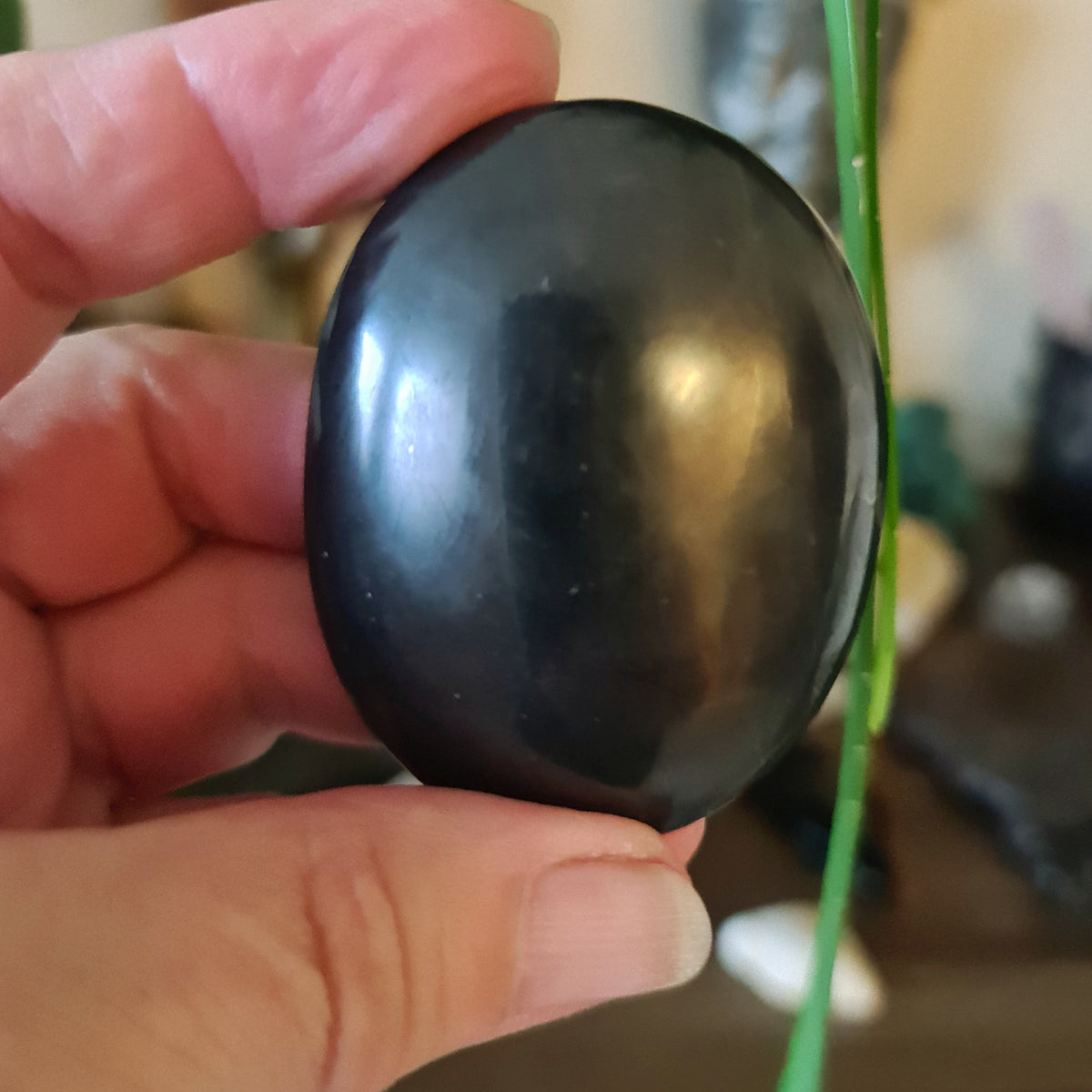 Black oval crystal in a hand