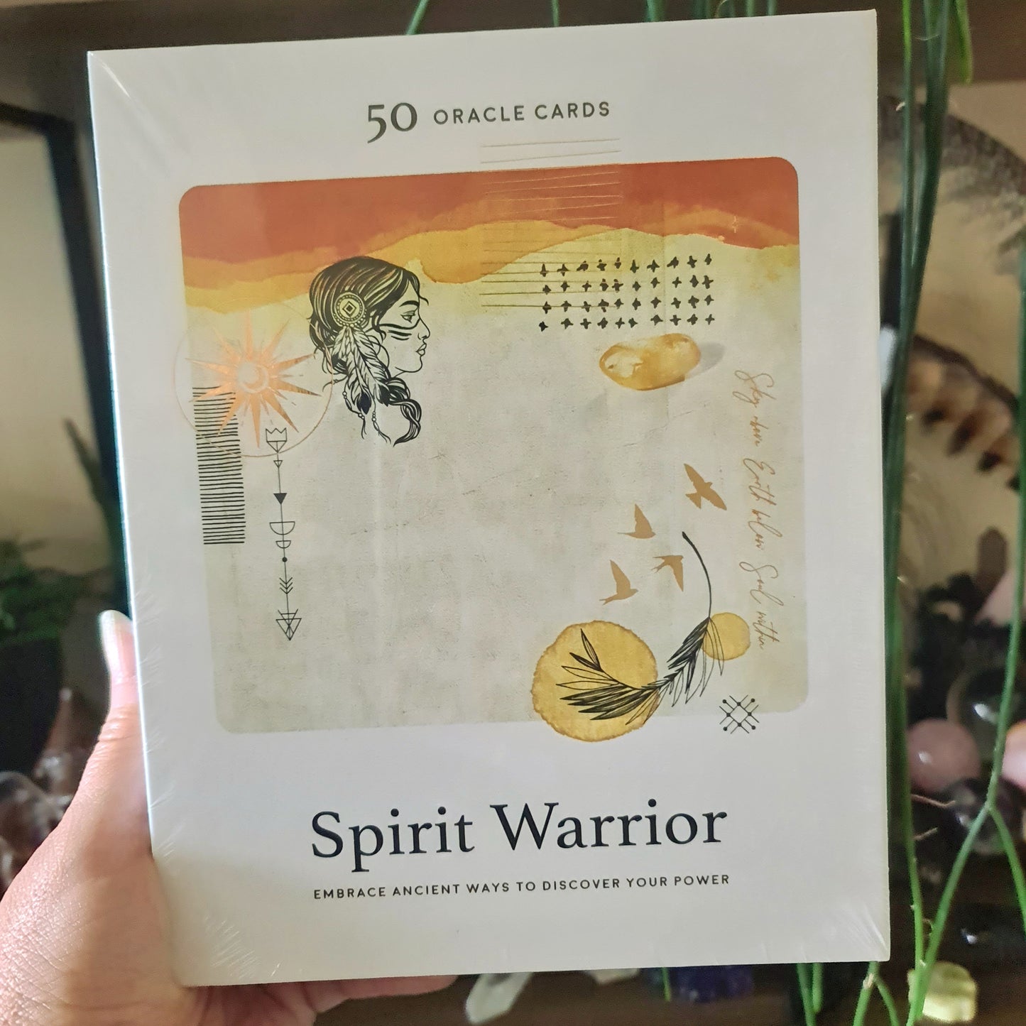 A hand holding a book cover of 'Spirit Warrior Oracle Cards' featuring an illustration of a woman with a spirit animal, sun and moon symbols, and a golden orb.