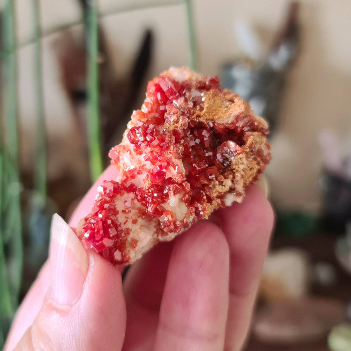 A small red-colored Vanadinite crystal specimen held in a person's hand.