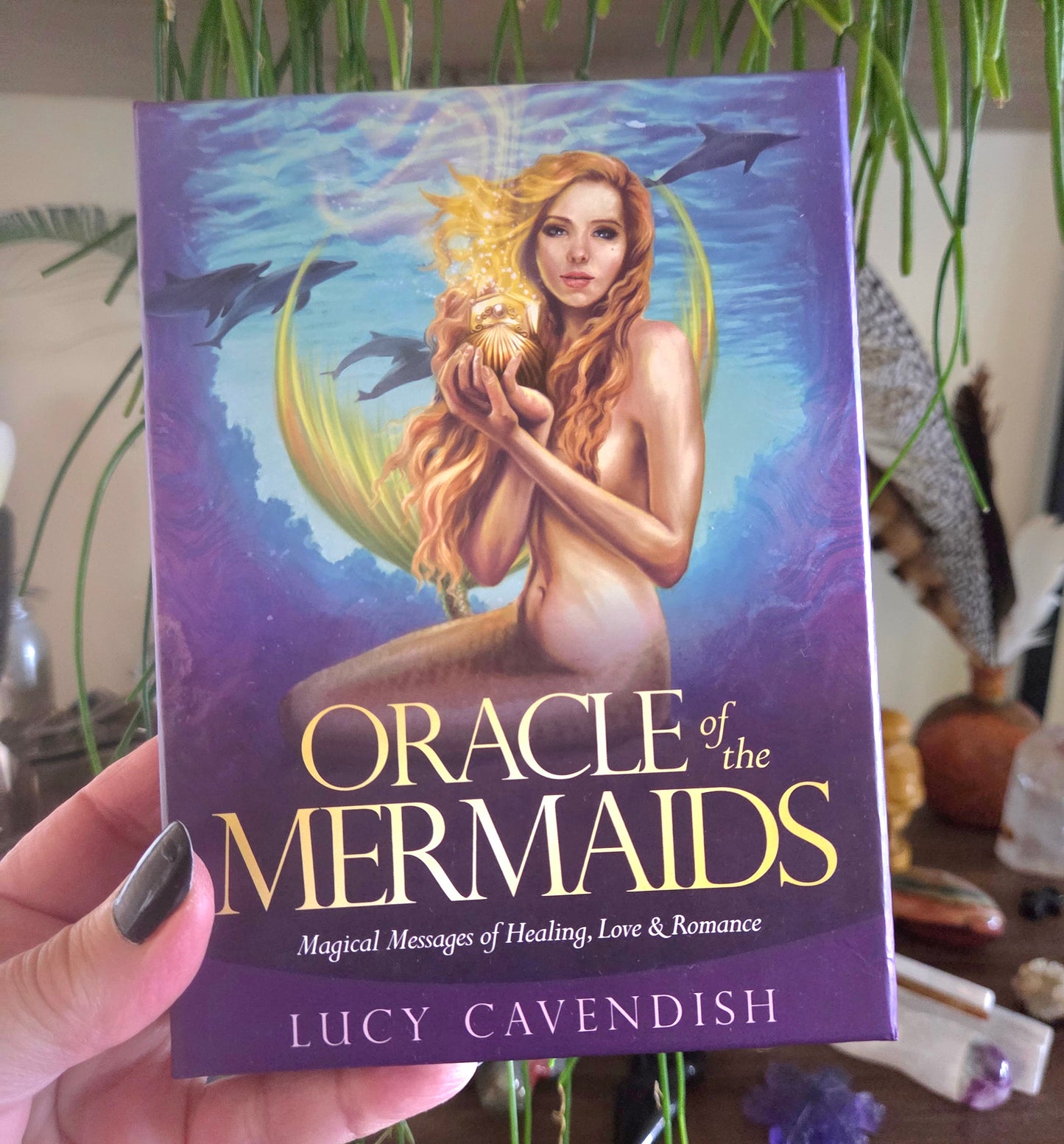 Book titled 'Oracle of the Mermaids' by Lucy Cavendish held in front of a plant.