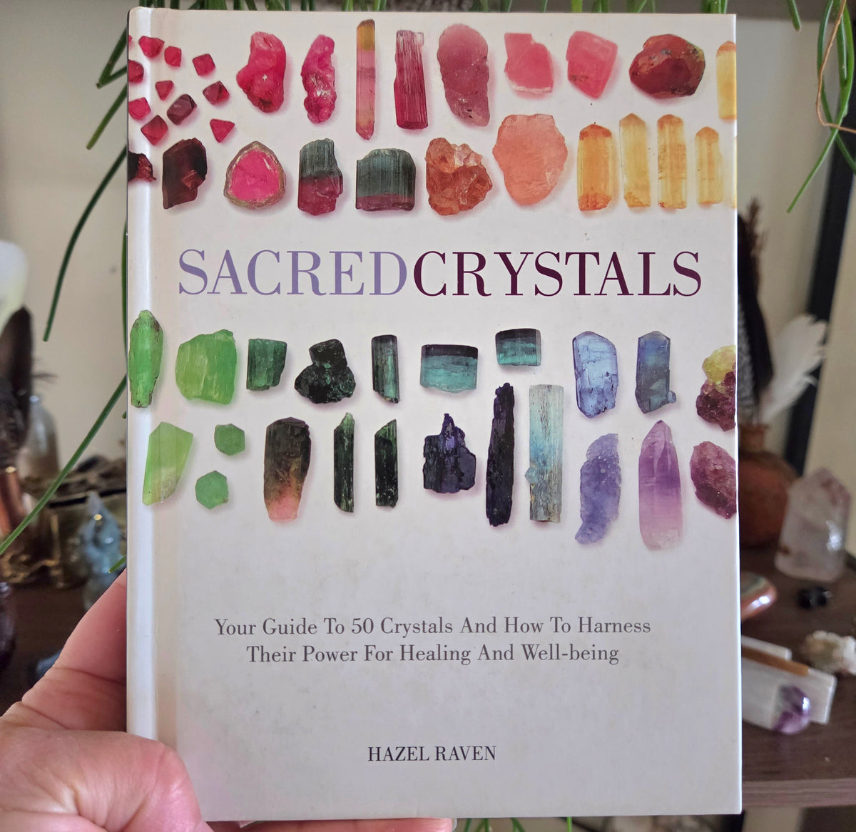 Book titled 'Sacred Crystals' held by a hand with a crystal display in the background.