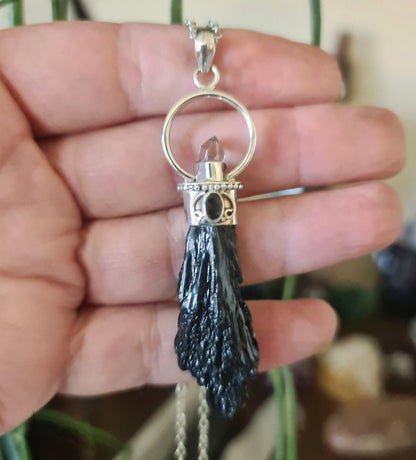 Black Kyanite, Smoky Topaz & Herkimer Diamond Pendant