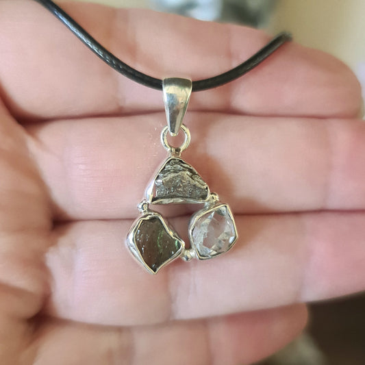 Moldavite, Herkimer Diamond & Meteorite Pendant