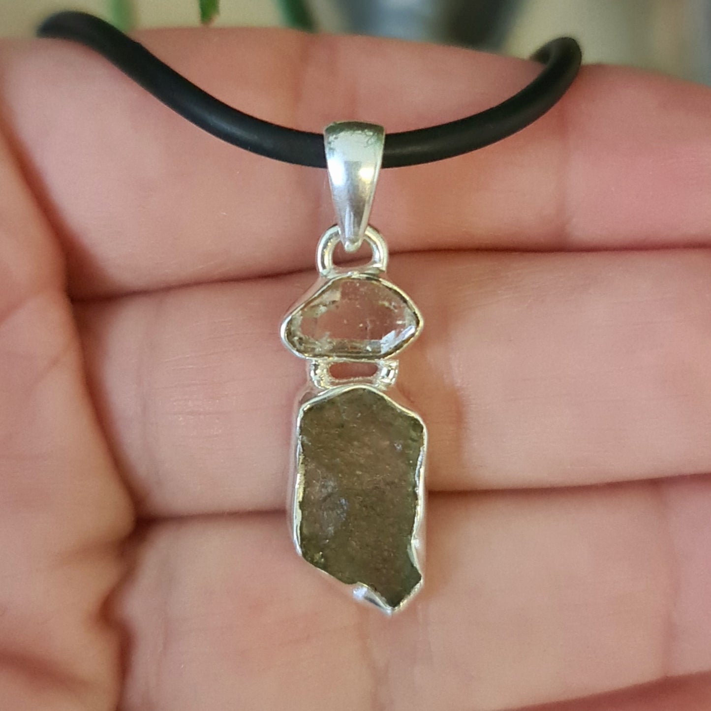 Moldavite & Herkimer Diamond Pendant