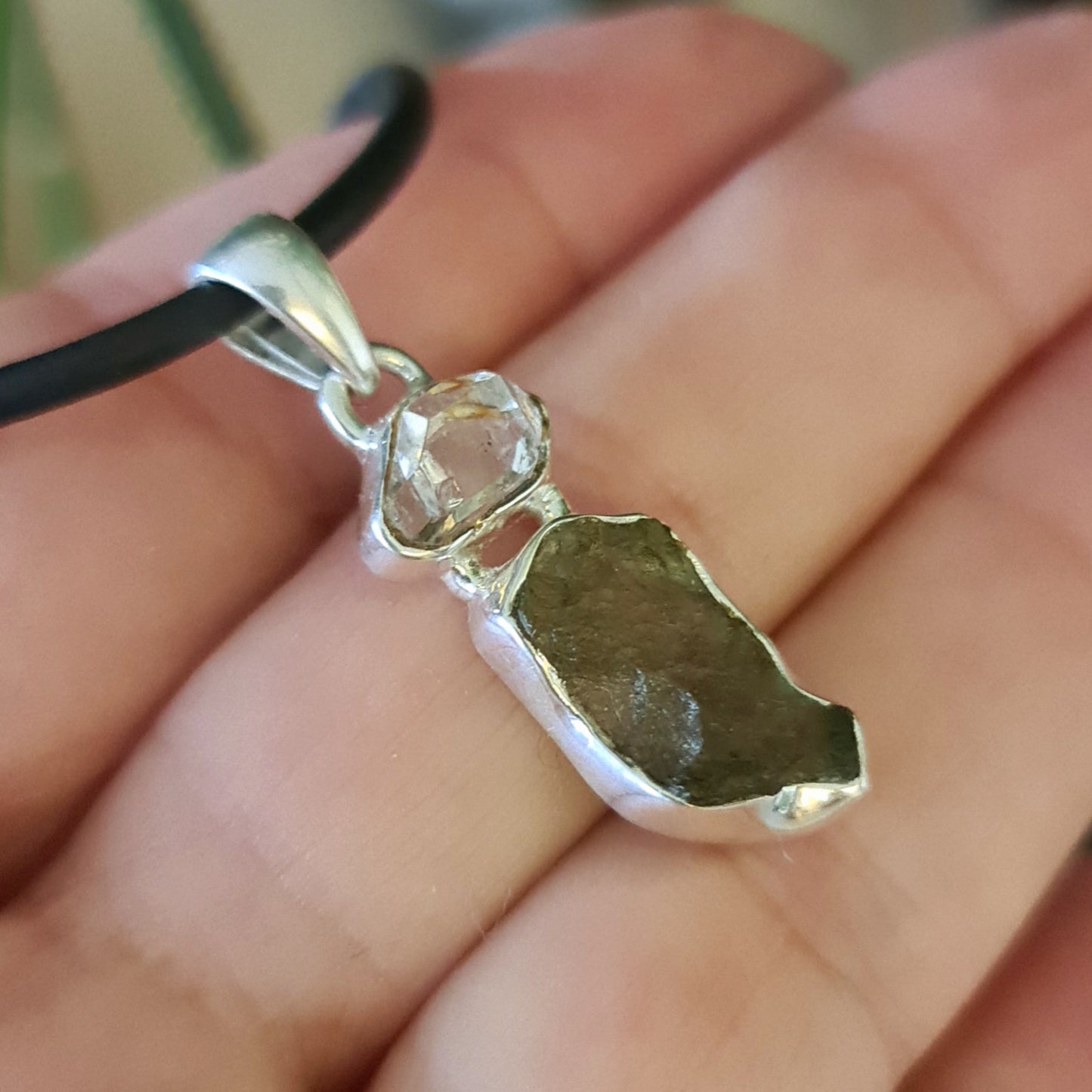 Moldavite & Herkimer Diamond Pendant