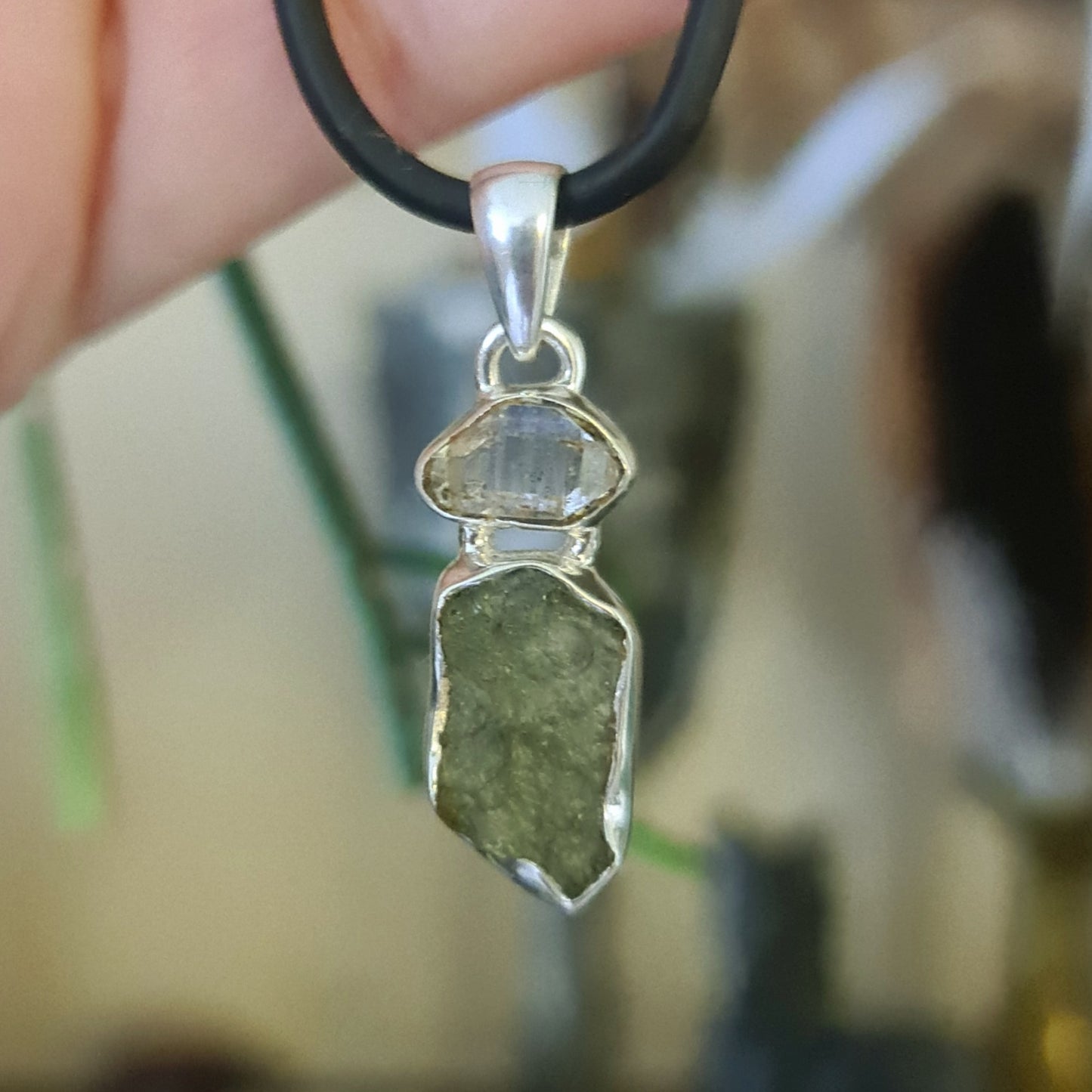 Moldavite & Herkimer Diamond Pendant