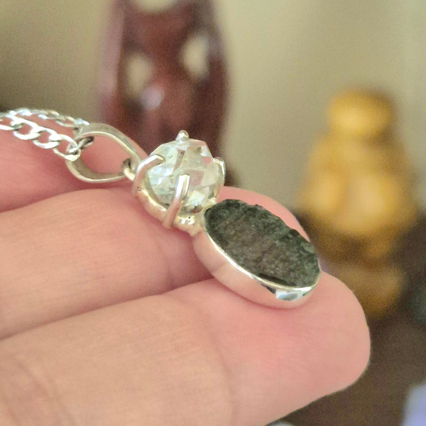 Moldavite & Herkimer Diamond Pendant