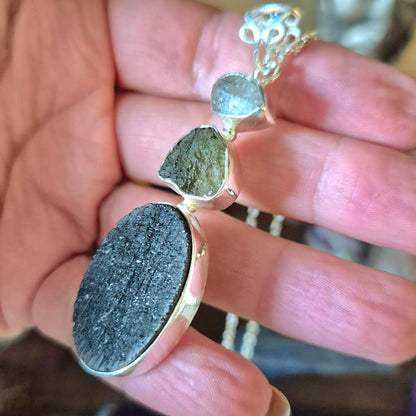 Moldavite, Herkimer Diamond & Black Tourmaline Pendant