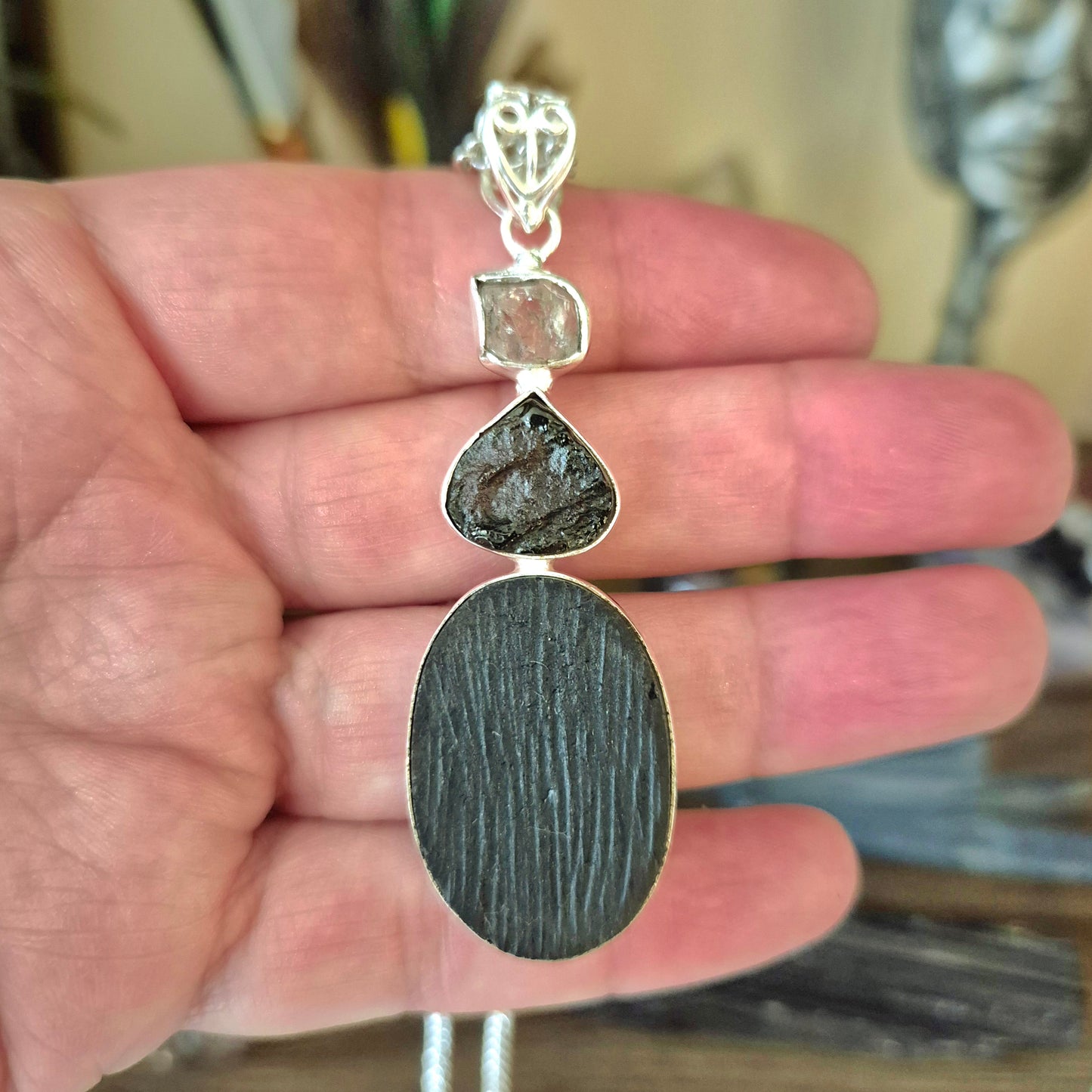 Moldavite, Herkimer Diamond & Black Tourmaline Pendant