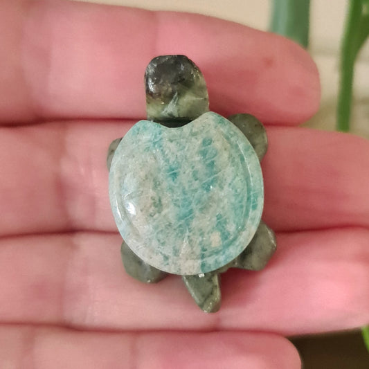 A polished amazonite turtle shell held in a person's hand, with a green and gray color pattern.