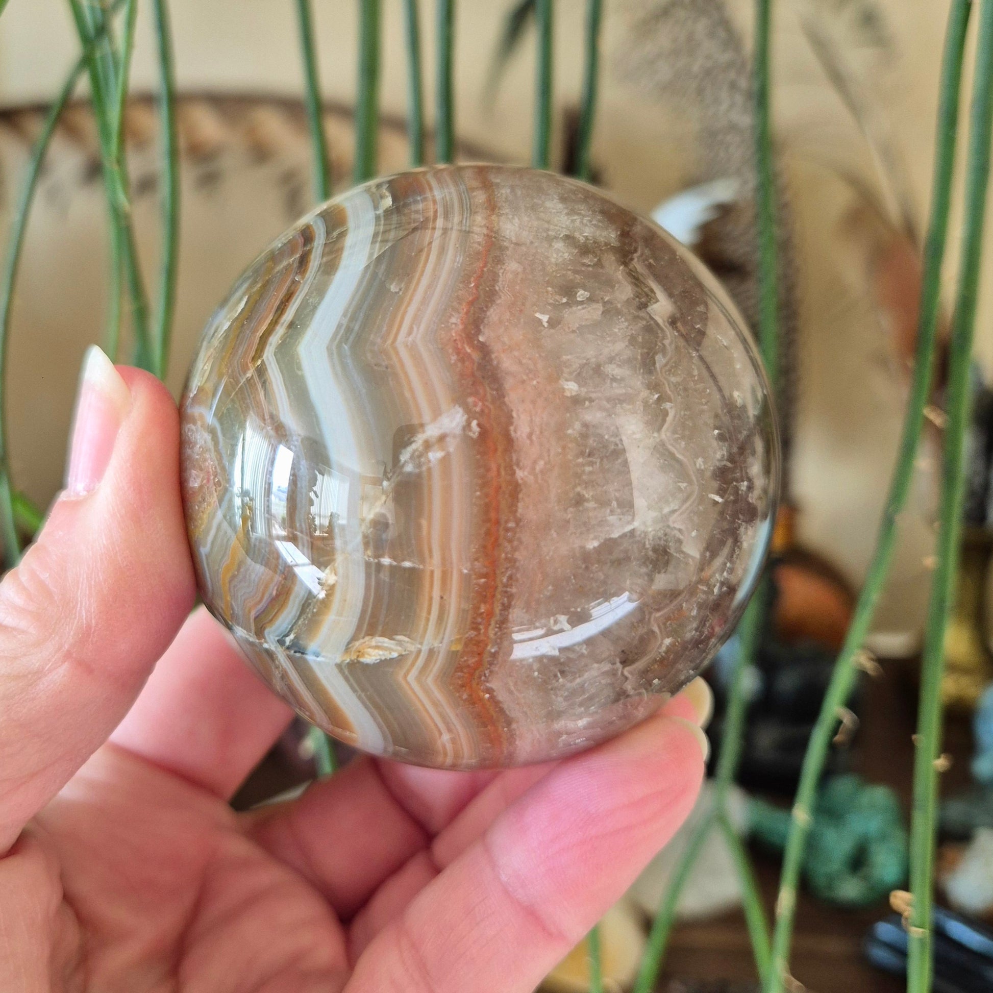 A polished sphere-shaped amethyst and agate stone held in a person's hand, with a plant in the background.