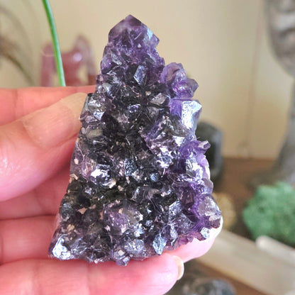 Amethyst crystal held in a hand with a blurred background
