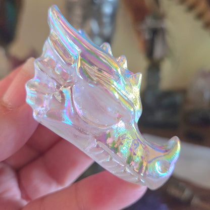 Iridescent angel wing object held in a hand with a blurred background