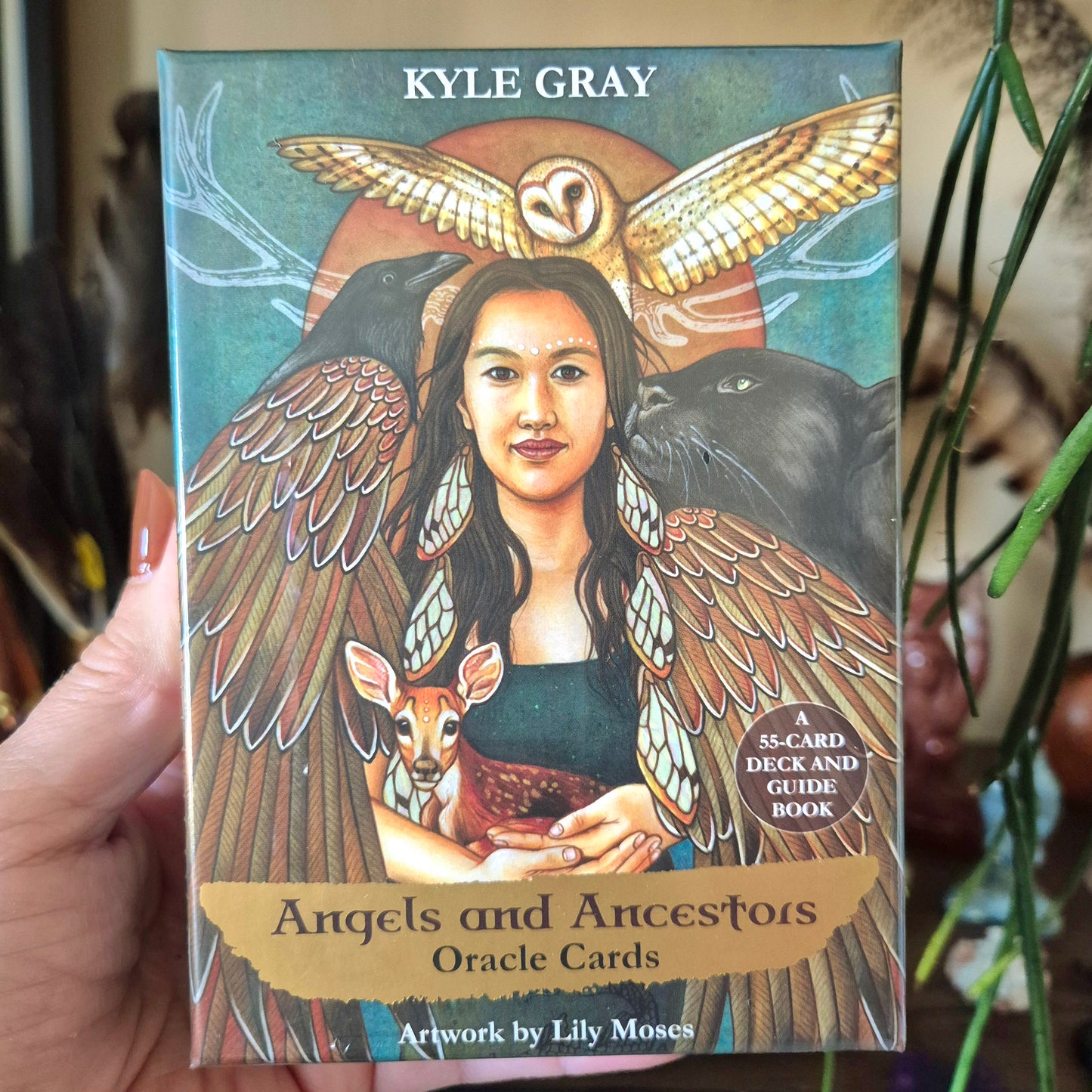 A hand holding a book titled 'Angels and Ancestors Oracle Cards' by Kylee Gray, featuring an illustrated cover with an angelic figure and a deer.
