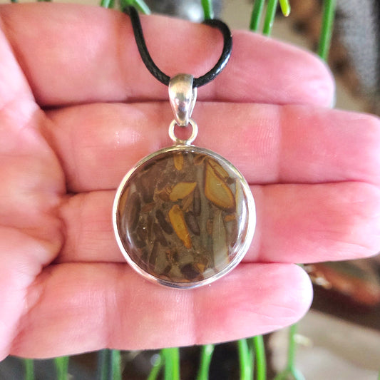 A hand holding a bamboo jasper pendant with a circular shape and a silver-colored frame.