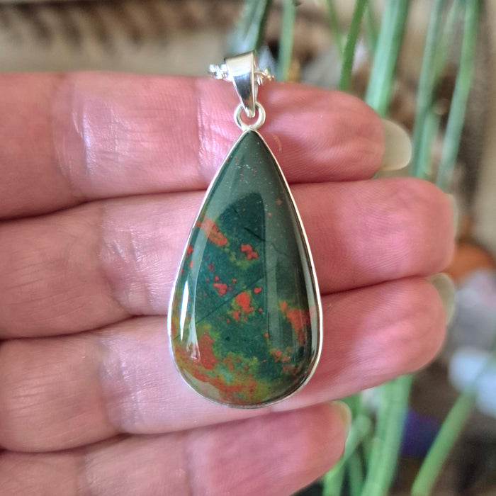 green bloodstone teardrop pendant in silver