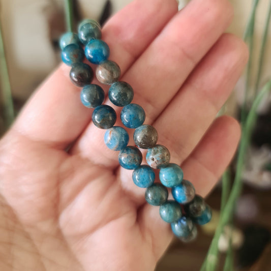 A hand holding a blue Apatite bracelet with a glossy finish, displayed against a blurred green background.
