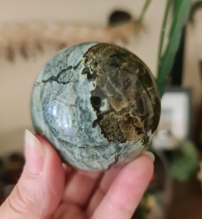 A hand holding a sphere-shaped Blue Daud Jasper crystal with a swirled blue and dark patch design.