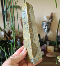 A hand holding a Blue Daud Jasper crystal with a marbled blue and white appearance, with various crystal figures and stones in the background.