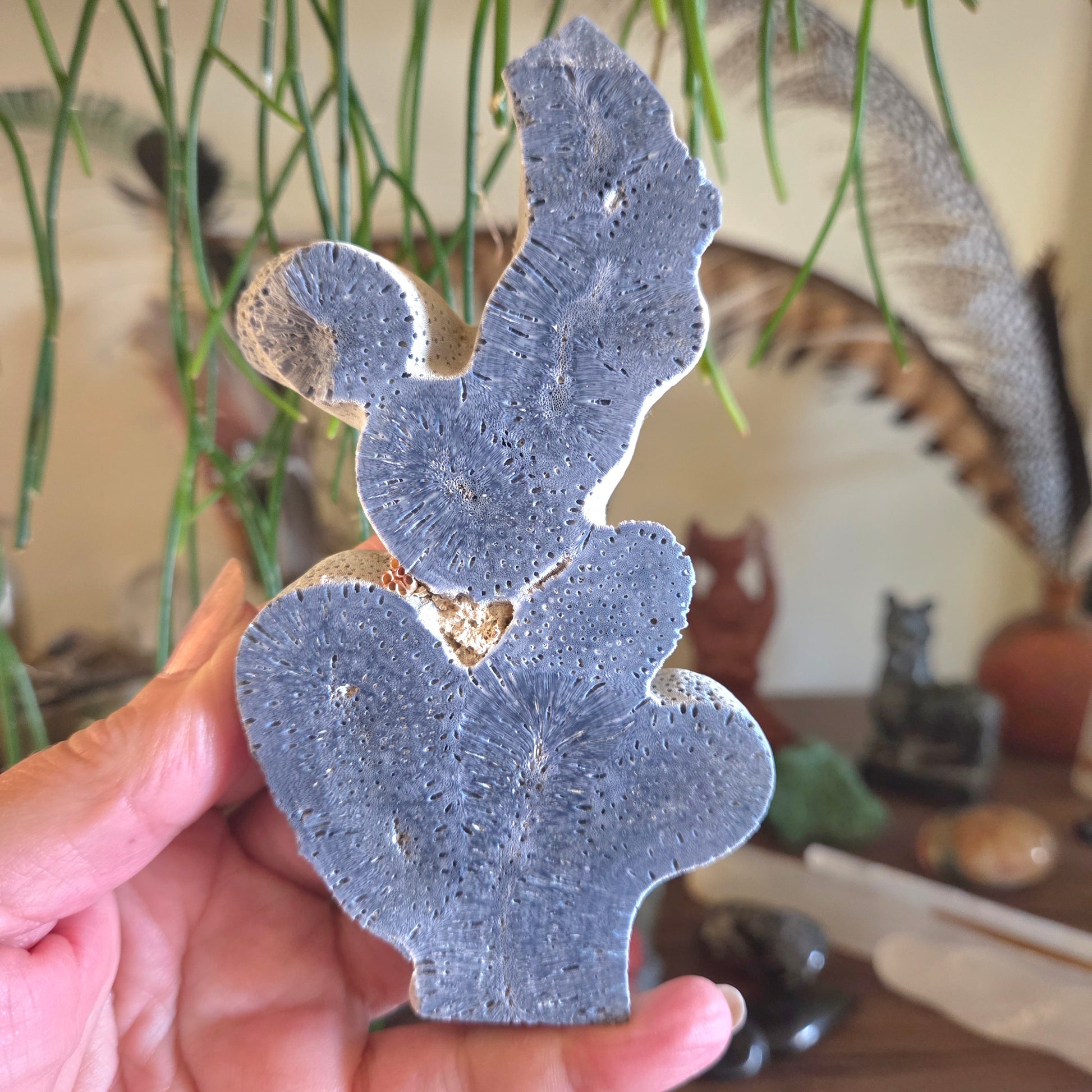 Hand holding a blue stone sculpture with a blurred indoor setting