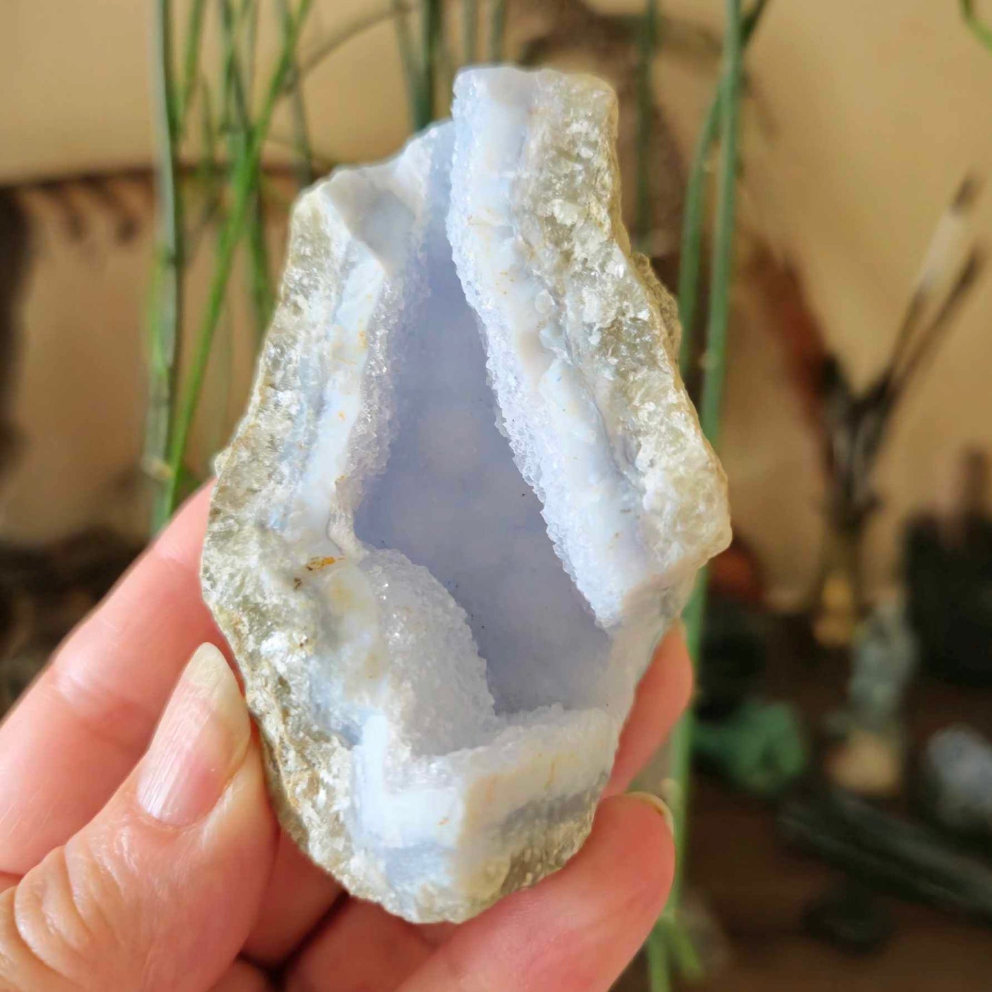 blue lace raw crystal with a cave