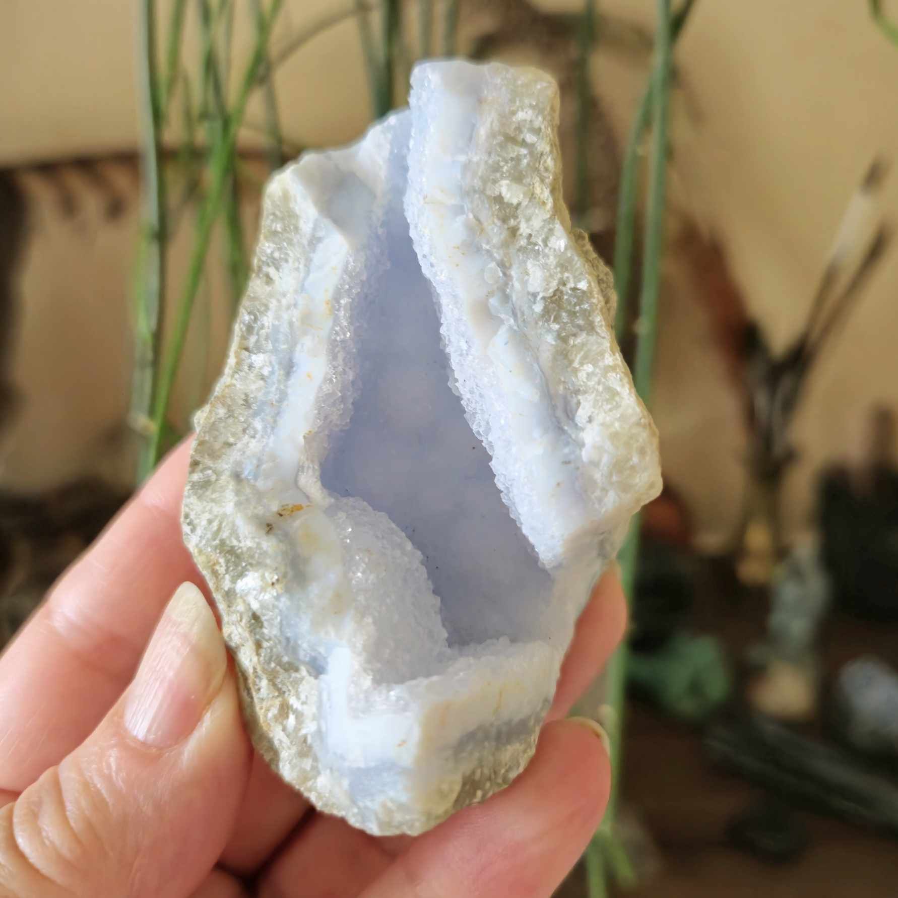 blue lace raw crystal with a cave