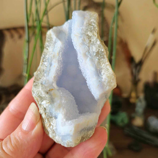 blue lace raw crystal with a cave