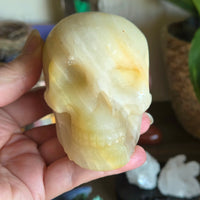 Hand holding a crystal skull with a blurred background