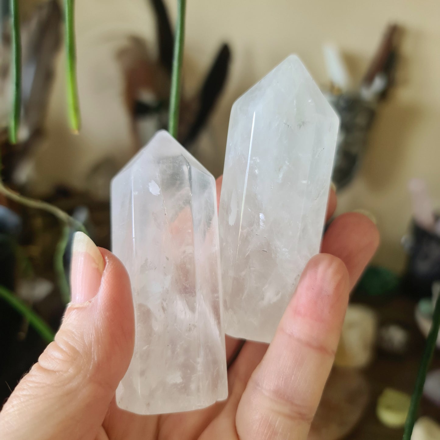 clear crystal points held in a hand