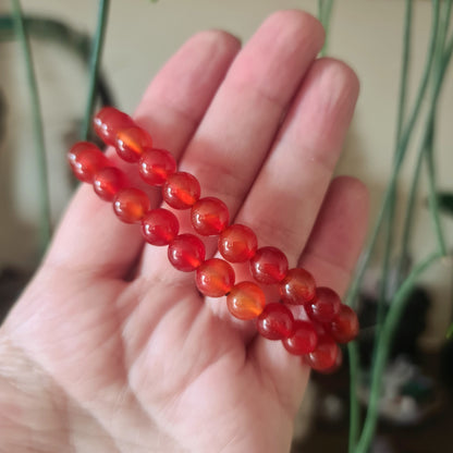 A hand holding a red Carnelian bead bracelet with a chain.