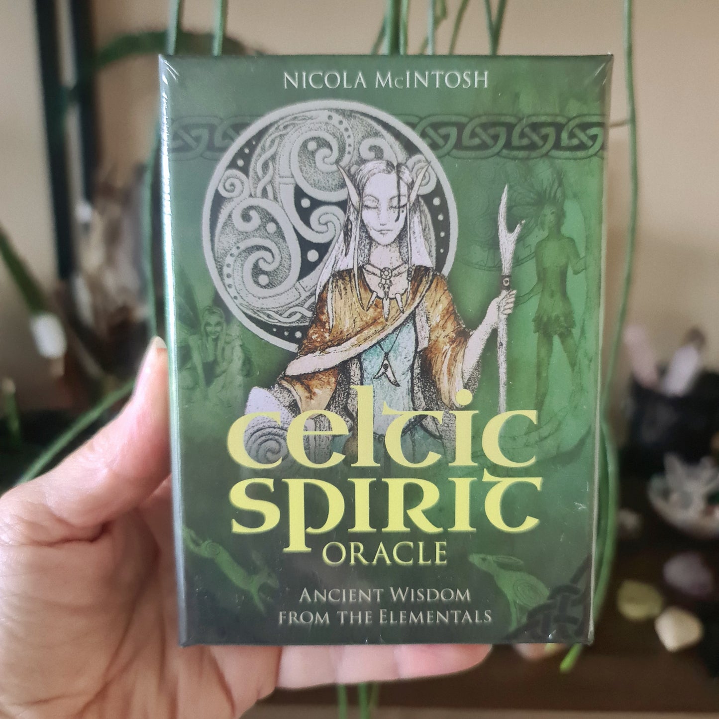 A boxed Celtic Spirit Oracle game with a illustration of a female figure wielding a staff, surrounded by elemental symbols.