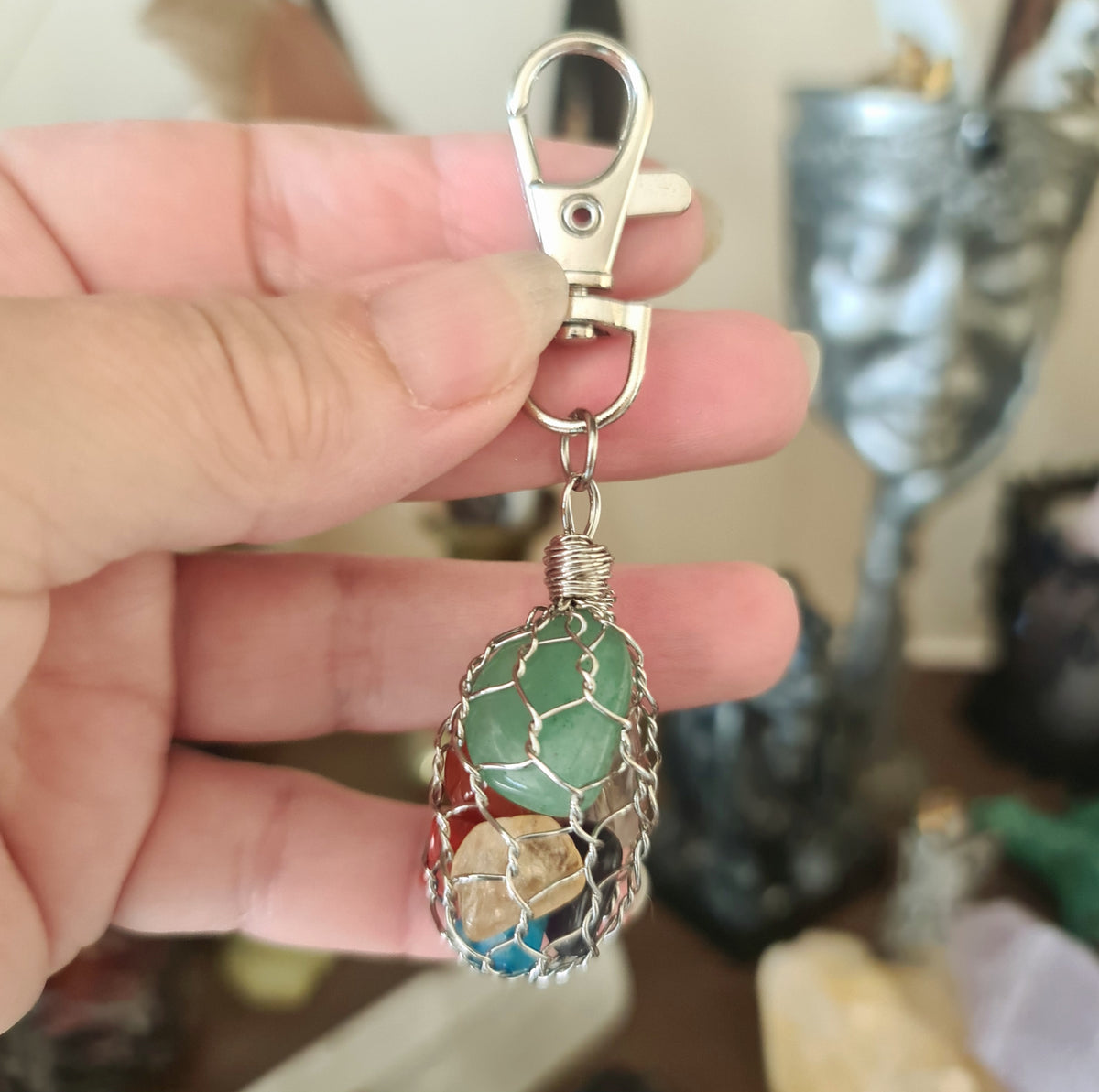 mesh bag of crystals on a keyring