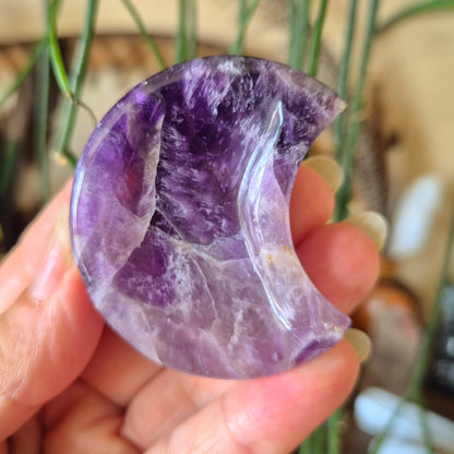 A hand holding a purple amethyst crystal shaped like a crescent moon, with a blurred plant in the background.