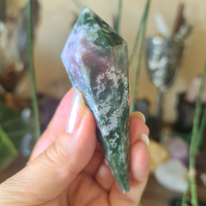 A hand holding a polished Chevron Amethyst crystal with a V-striped or banded pattern, with a blurred background of various crystals and plants.