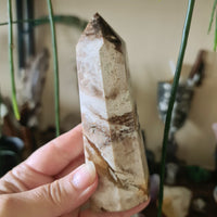 A hand holding a chocolate calcite tower crystal with a brown and white patterned surface.
