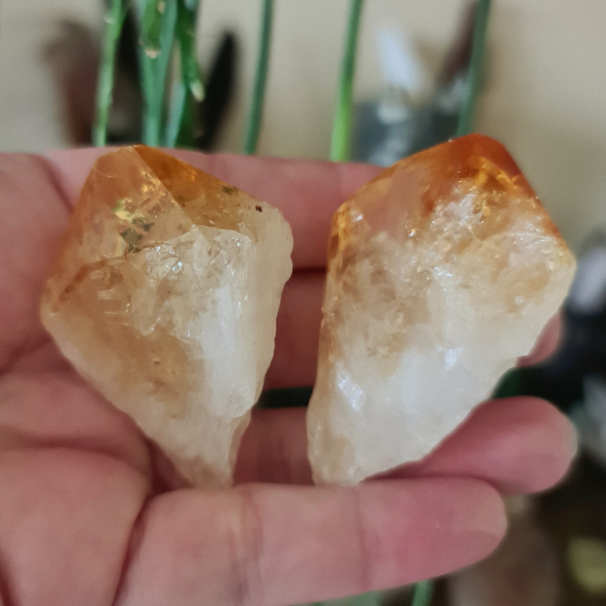 A small, polished citrine crystal point held in a person's hand, with a natural earthy look.