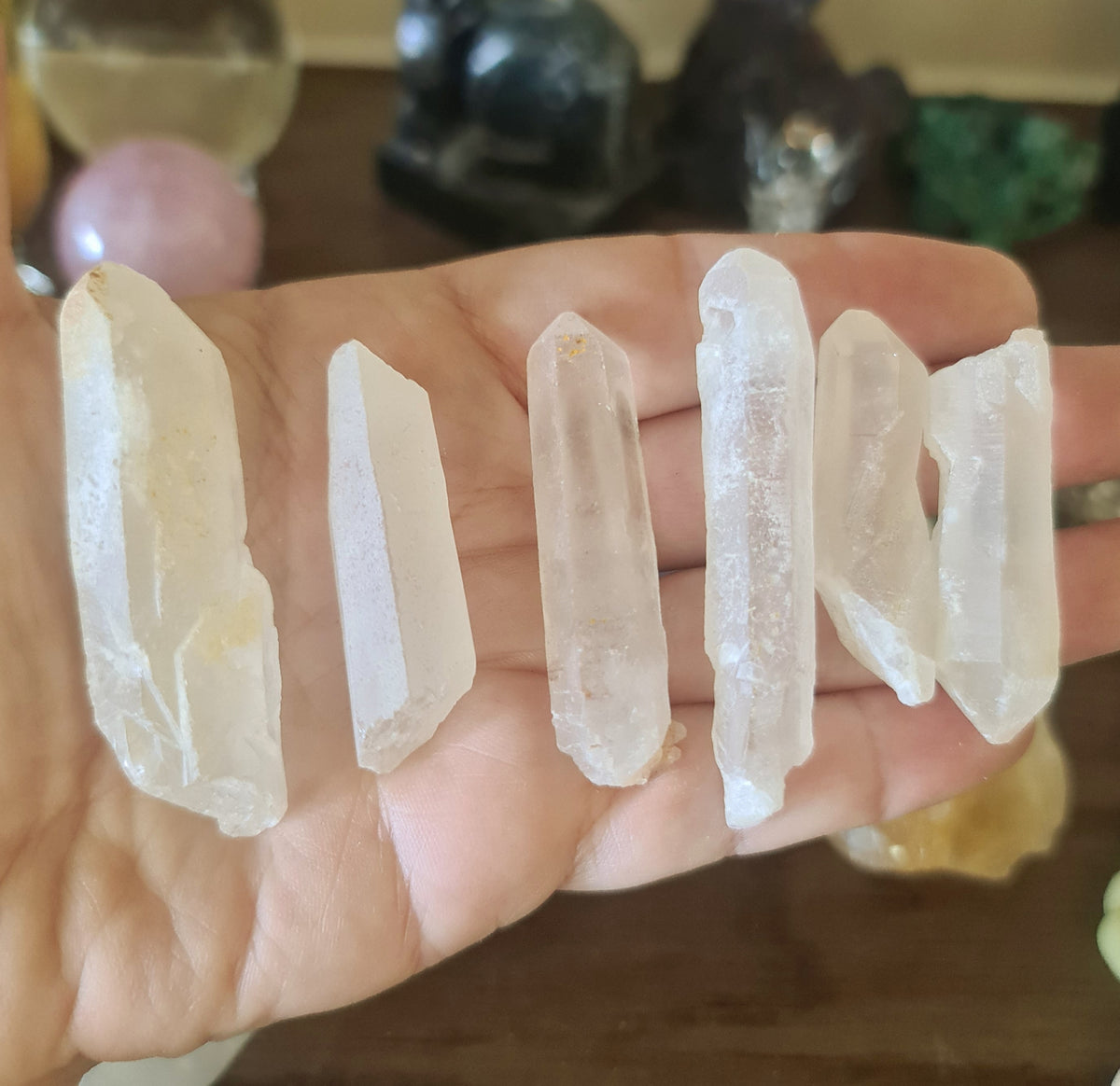 A hand holding several clear quartz crystal points with varying natural imperfections.